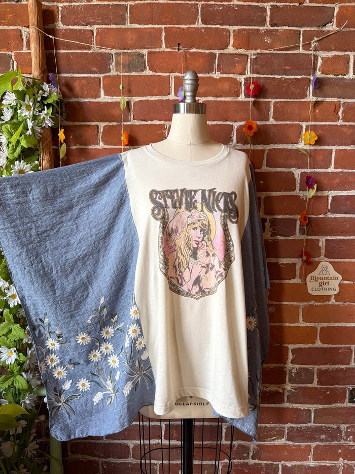 Upcycled Mystical Stevie Inspired Blue Daisy Embroidered Poncho
