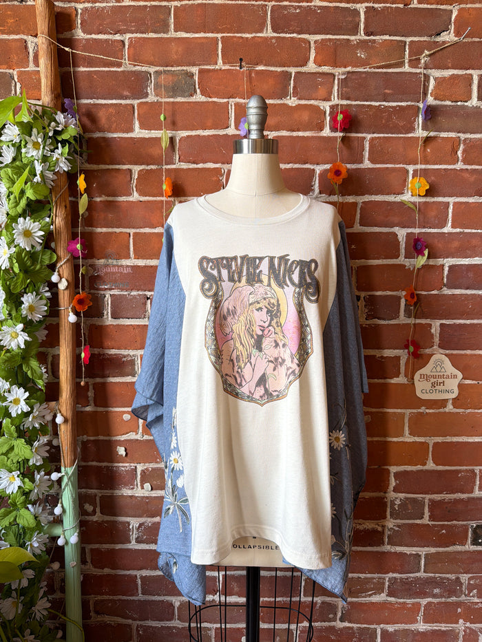 Upcycled Mystical Stevie Inspired Blue Daisy Embroidered Poncho