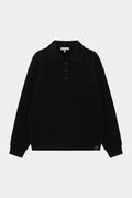 WAFFLE KNIT LONG SLEEVE POLO - BLACK
