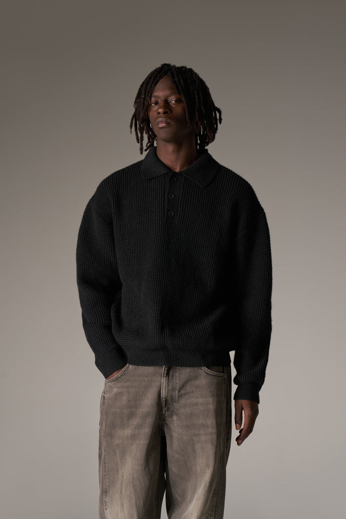 WAFFLE KNIT LONG SLEEVE POLO - BLACK
