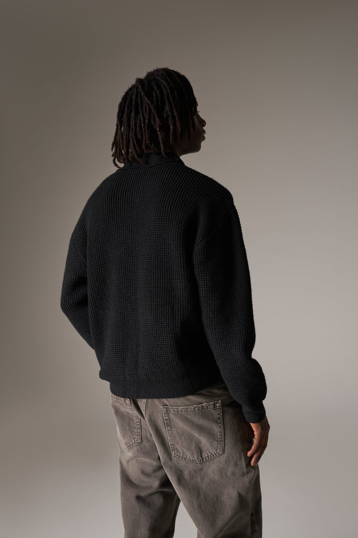 WAFFLE KNIT LONG SLEEVE POLO - BLACK