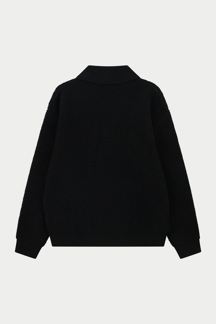 WAFFLE KNIT LONG SLEEVE POLO - BLACK