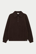 WAFFLE KNIT LONG SLEEVE POLO - BROWN