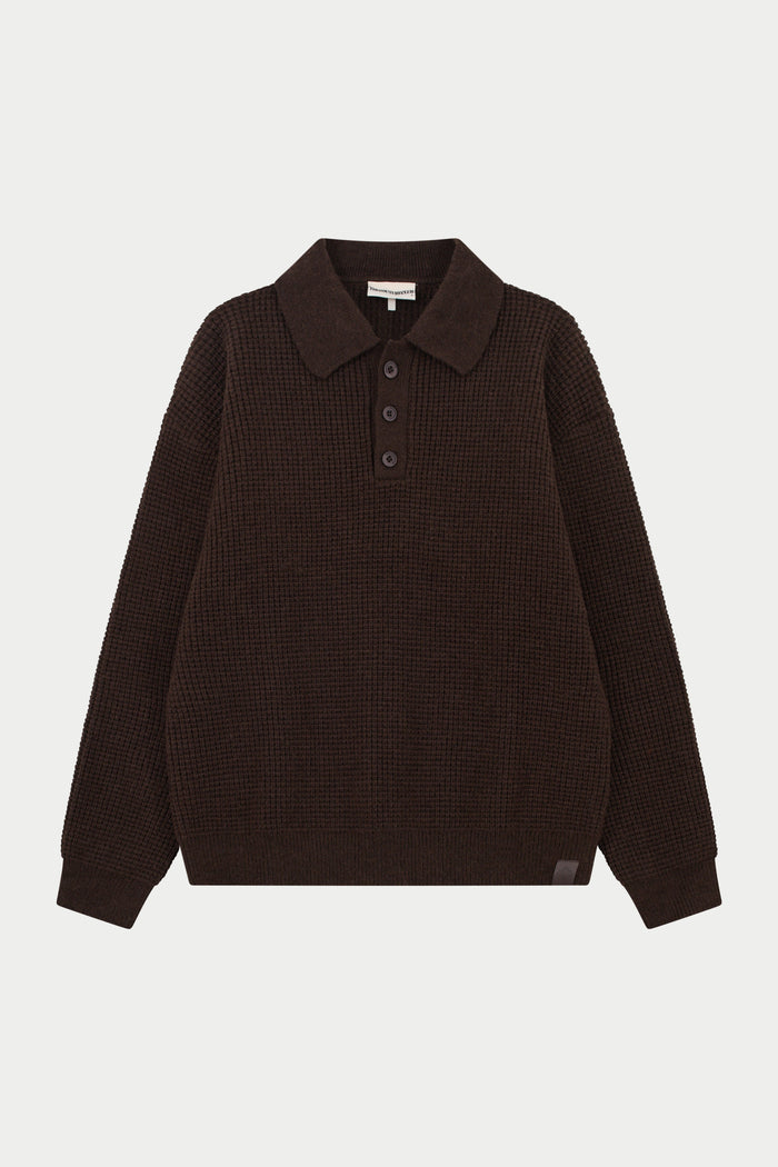 WAFFLE KNIT LONG SLEEVE POLO - BROWN