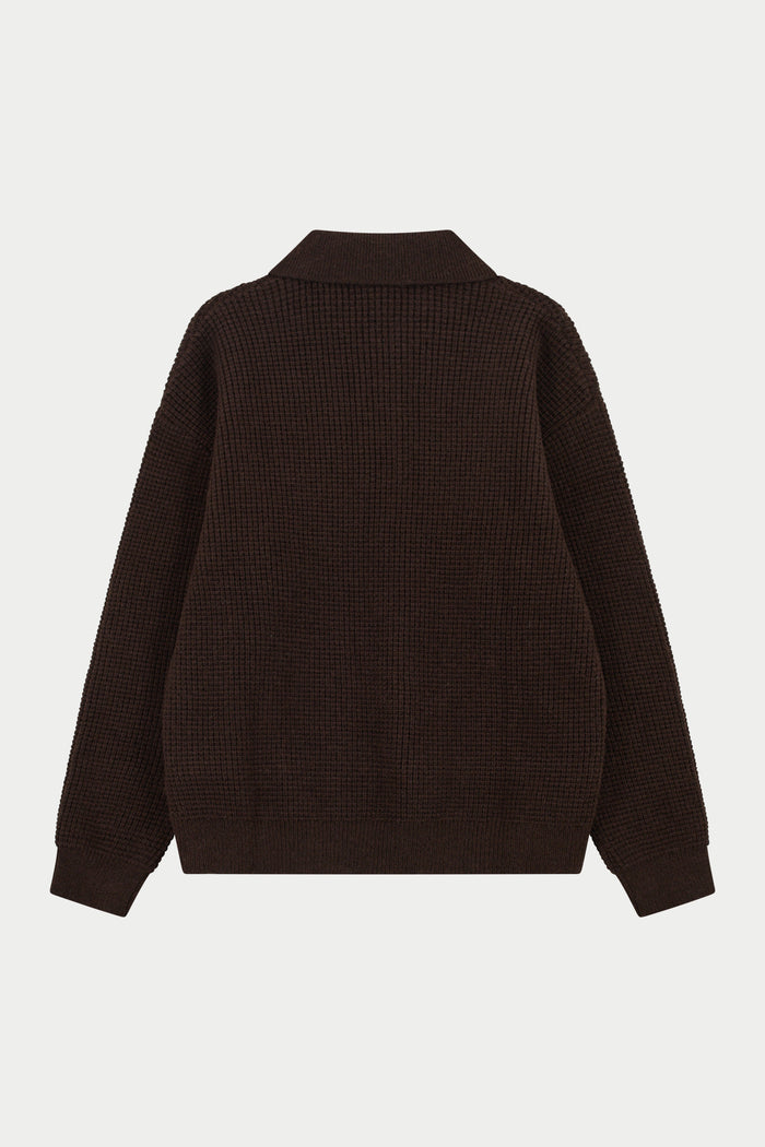 WAFFLE KNIT LONG SLEEVE POLO - BROWN