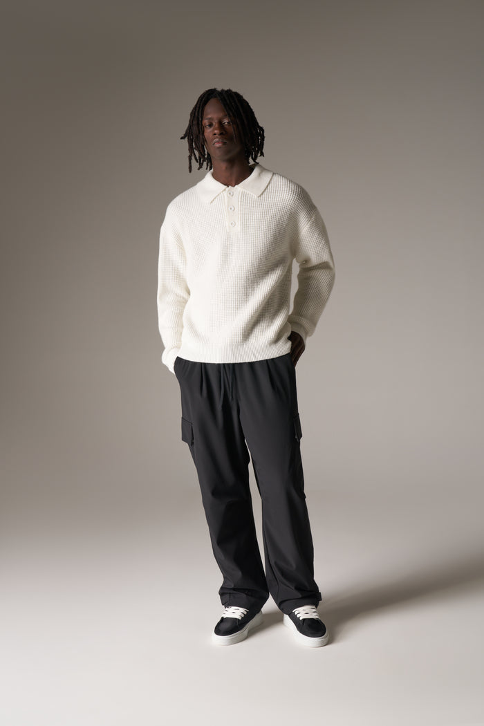 WAFFLE KNIT LONG SLEEVE POLO - WHITE
