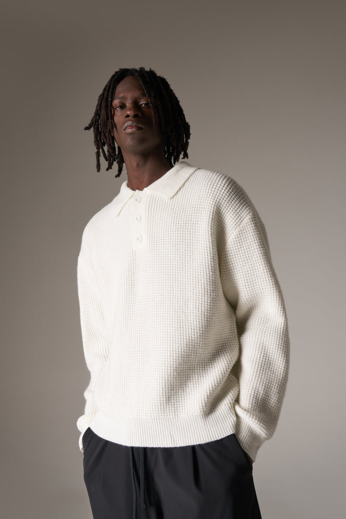 WAFFLE KNIT LONG SLEEVE POLO - WHITE