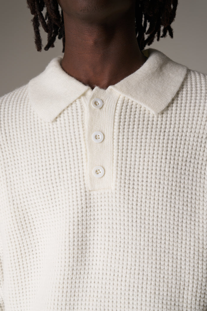 WAFFLE KNIT LONG SLEEVE POLO - WHITE