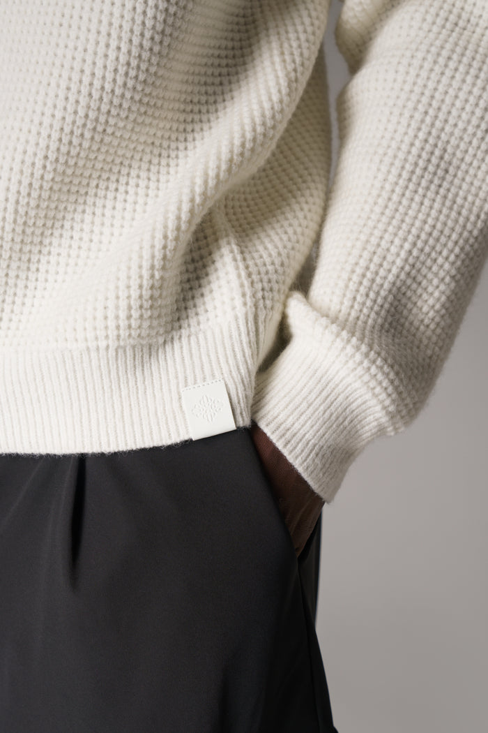 WAFFLE KNIT LONG SLEEVE POLO - WHITE