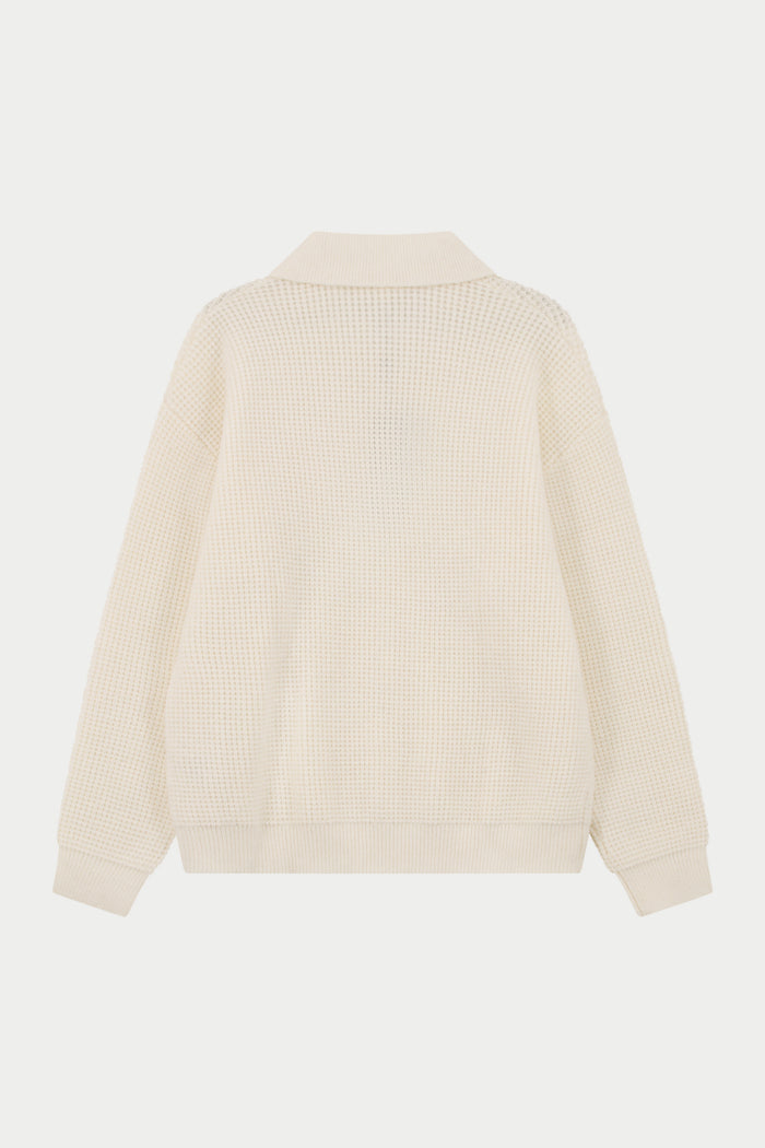 WAFFLE KNIT LONG SLEEVE POLO - WHITE