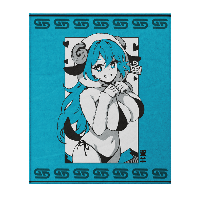Blue blanket with an anime-style character featuring teal hair and ram horns, draped over a beige couch.