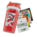 Clear shaker cup with red lid featuring a black and white anime girl in a Santa outfit holding a sack and Christmas lights.