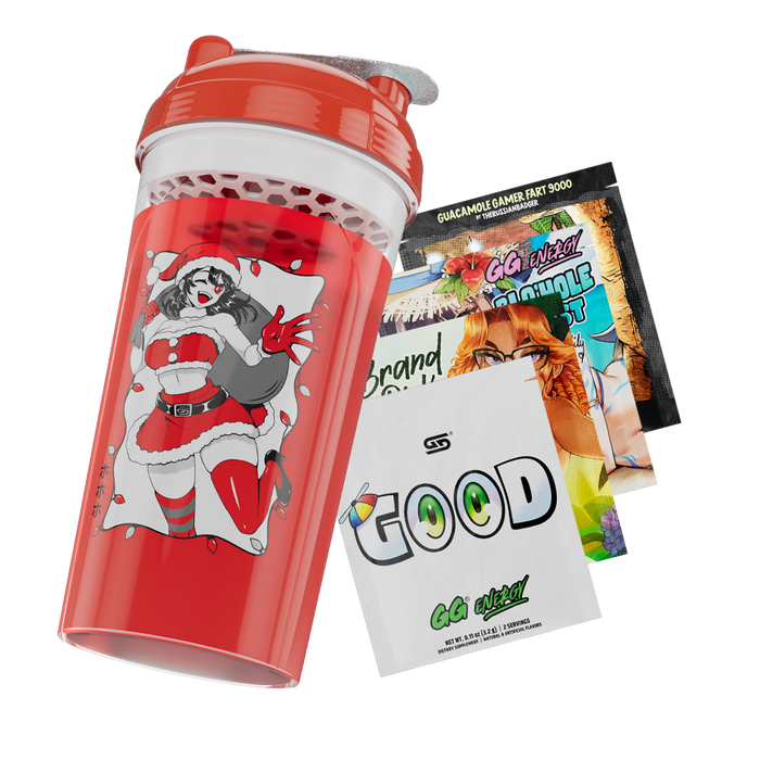 Clear shaker cup with red lid featuring a black and white anime girl in a Santa outfit holding a sack and Christmas lights.