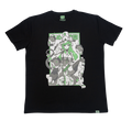 Black t-shirt sizing chart with measurements for chest, hem, sleeve, length, cuff, and shoulder from S to 6XL.