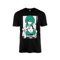 Black shirt with a teal-haired anime woman in a teal top and white jacket, with Japanese text on the side.