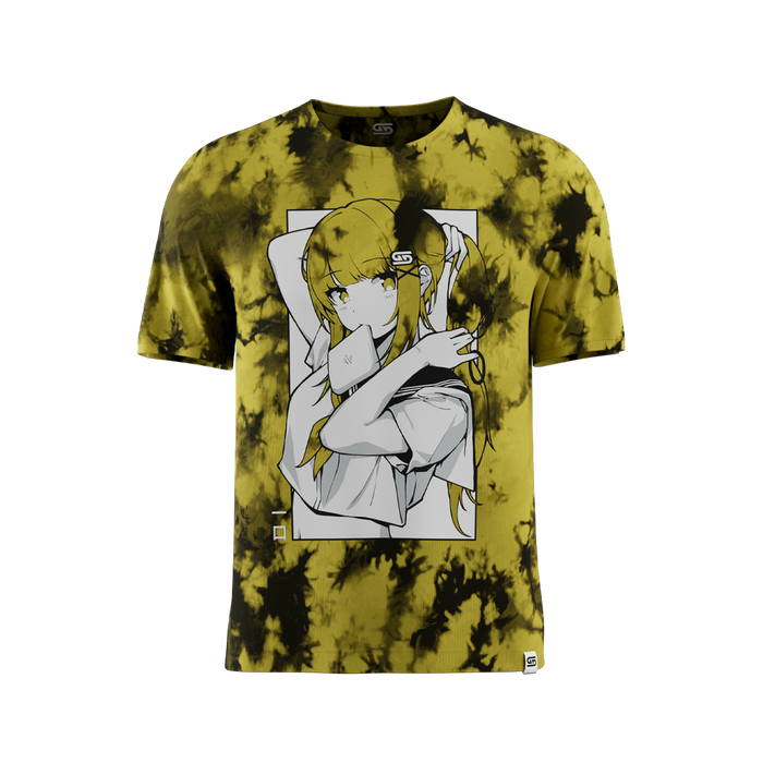 Yellow and black tie-dye pattern covers the entire back of this short-sleeve 6XL shirt.