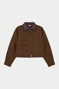 WASHED CONTRAST COLLAR TRUCKER JACKET - CHOCOLATE