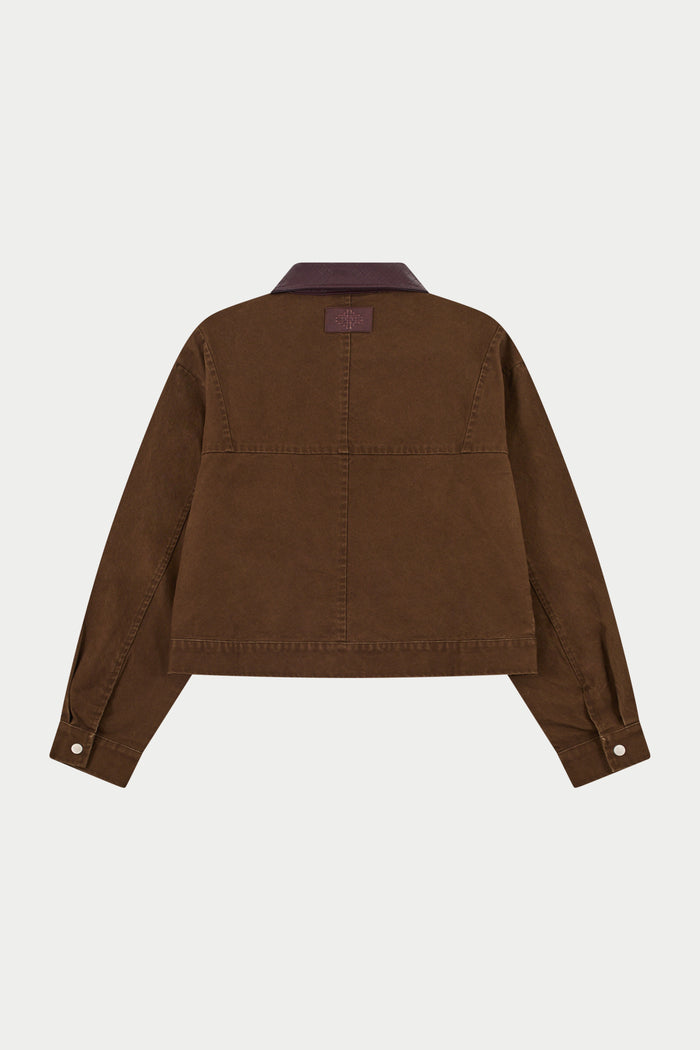 WASHED CONTRAST COLLAR TRUCKER JACKET - CHOCOLATE