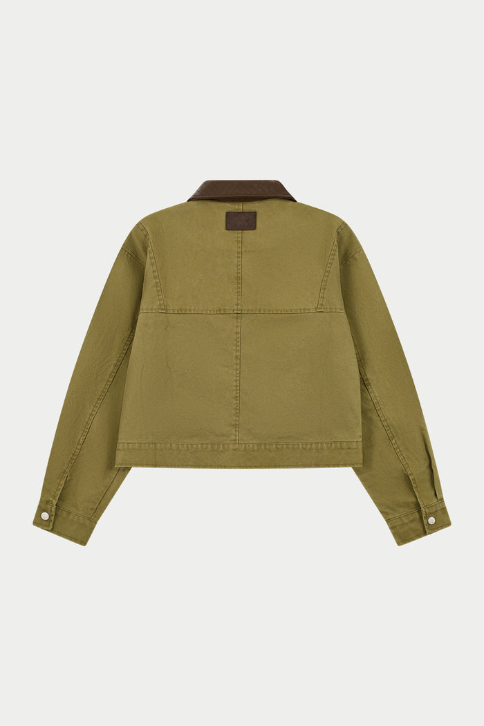 WASHED CONTRAST COLLAR TRUCKER JACKET - KHAKI