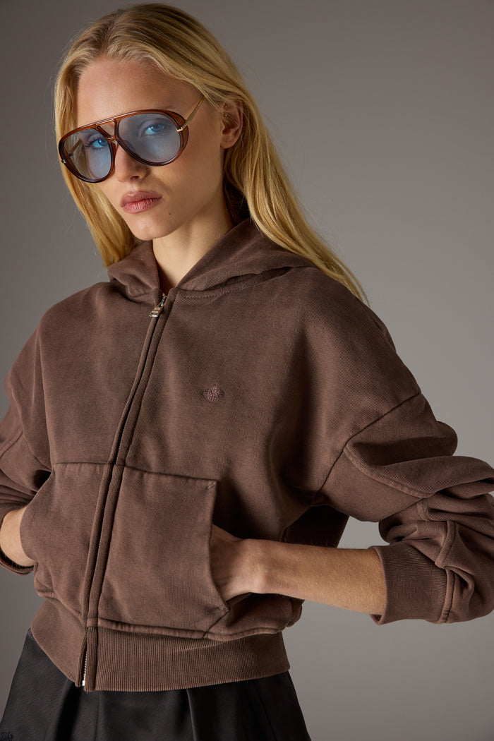 WASHED ZIP THROUGH CROPPED HOODIE - CHOCOLATE