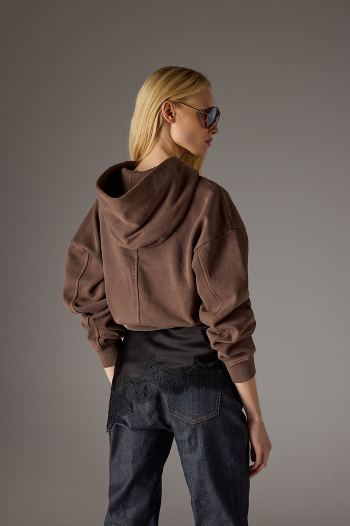 WASHED ZIP THROUGH CROPPED HOODIE - CHOCOLATE