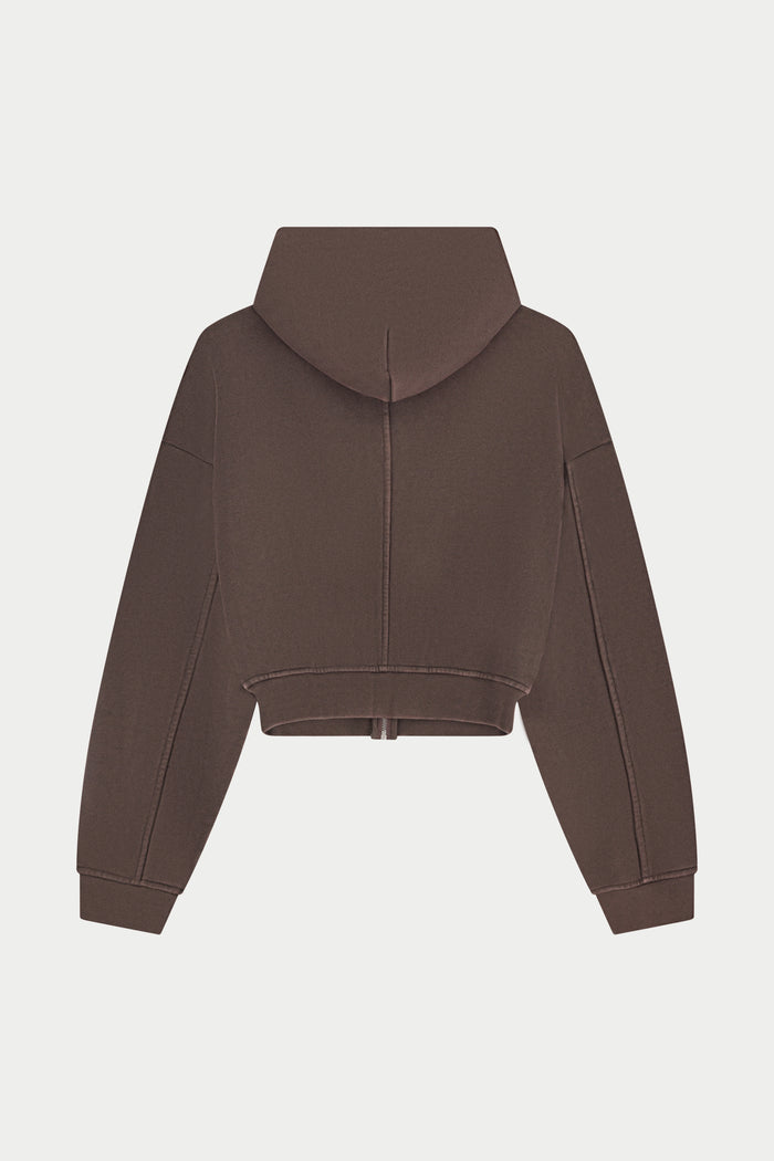 WASHED ZIP THROUGH CROPPED HOODIE - CHOCOLATE