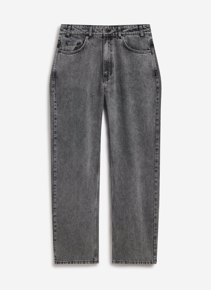 The Percival Wide Leg Denim Jeans in a warm grey wash, photographed from the front in a flat lay style.