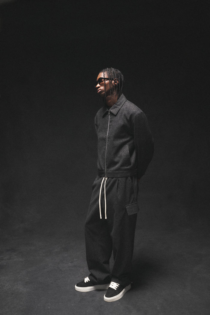 WIDE LEG HERRINGBONE TROUSERS - CHARCOAL