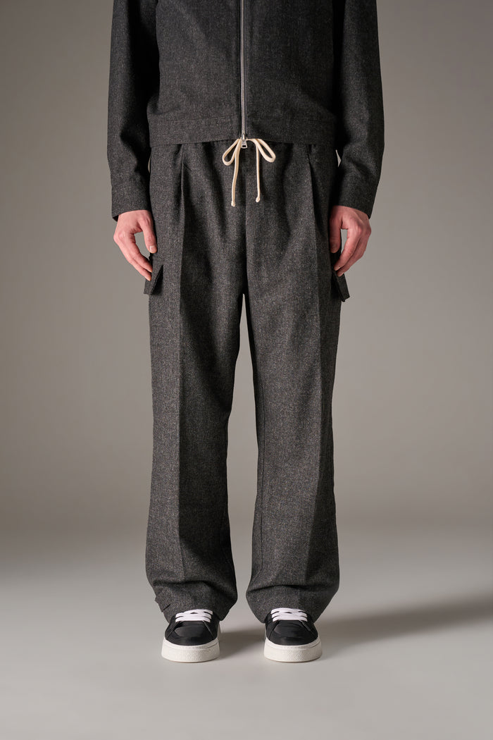 WIDE LEG HERRINGBONE TROUSERS - CHARCOAL
