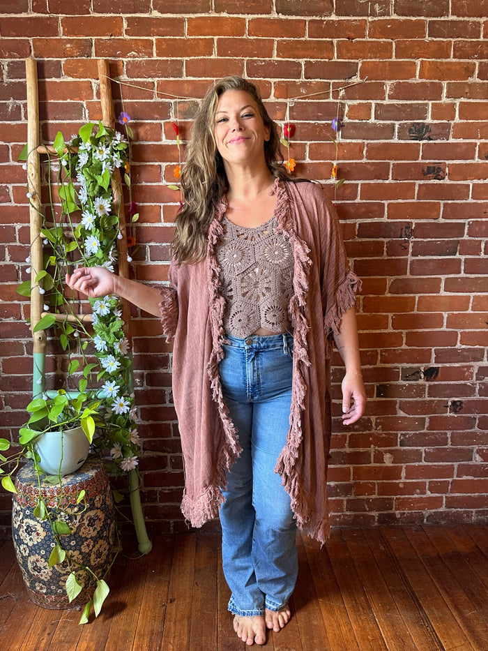 Wild Honey 100% Cotton Gauze Boho Fringe Kimono Layer - Multiple Colors Available