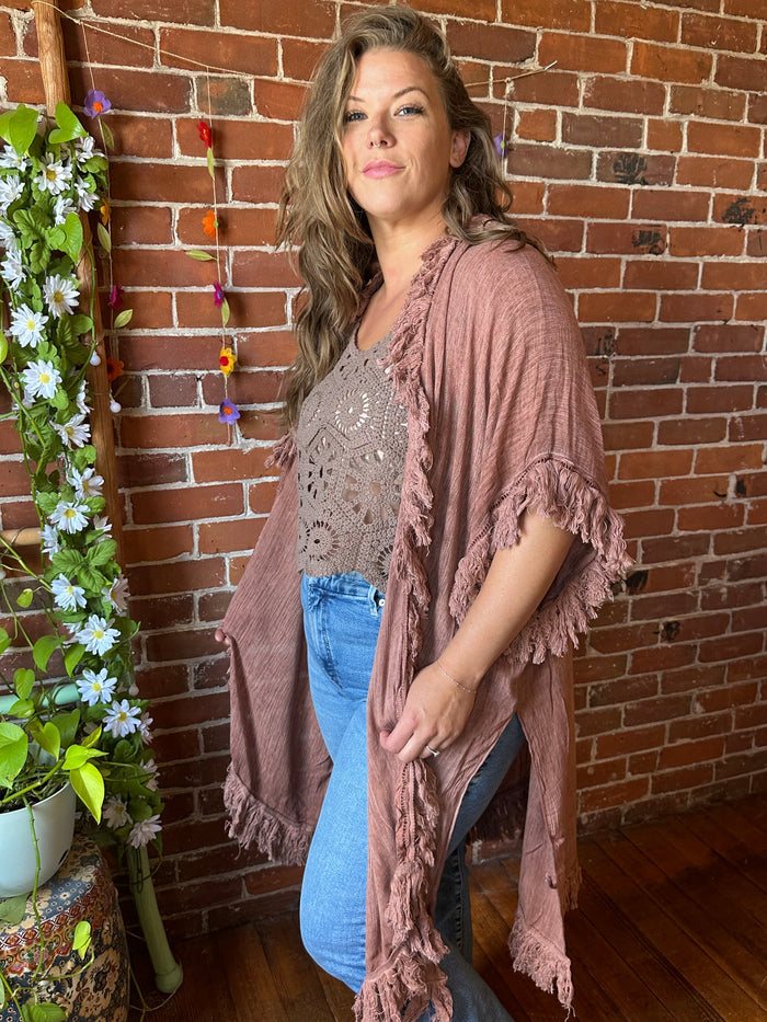 Wild Honey 100% Cotton Gauze Boho Fringe Kimono Layer - Multiple Colors Available