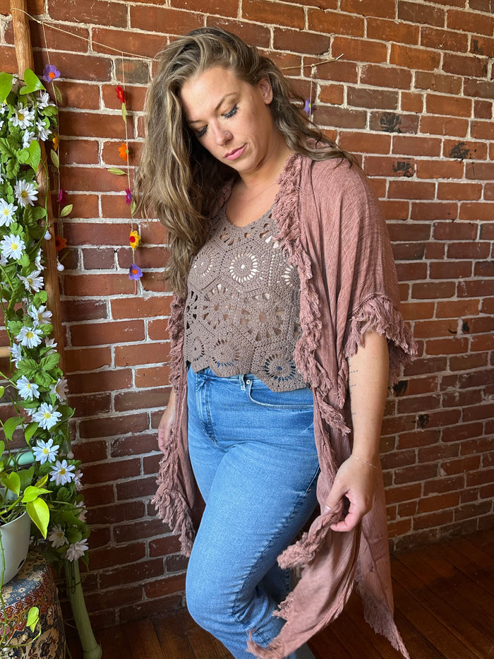 Wild Honey 100% Cotton Gauze Boho Fringe Kimono Layer - Multiple Colors Available